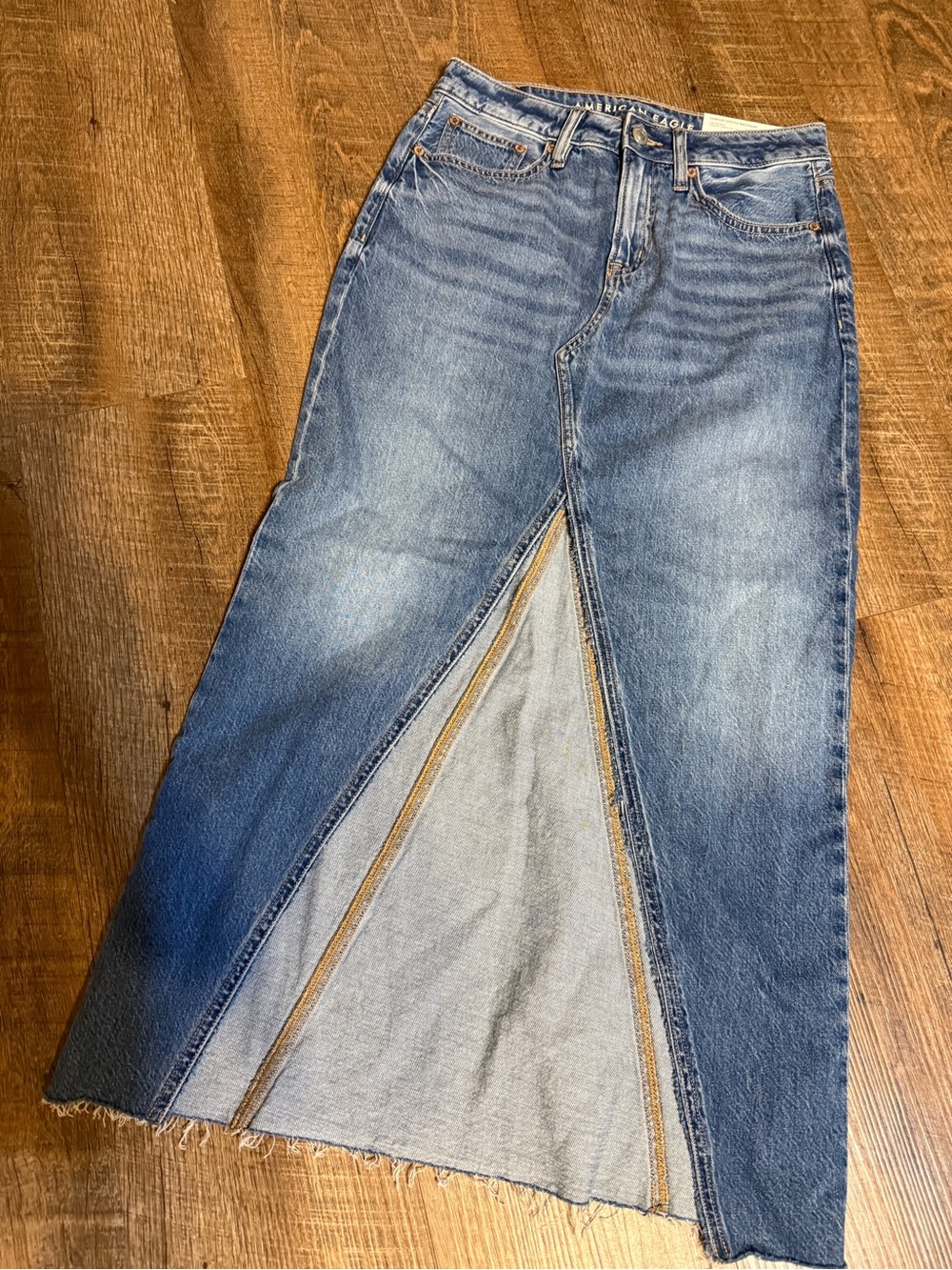 American Eagle Outfitters Blue Denim Maxi Skirt with Front Slit
